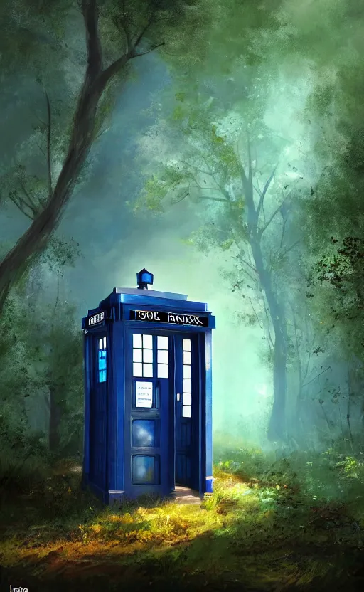 Image similar to a portrait of a tardis, in the woods, dynamic lighting, photorealistic fantasy concept art, trending on art station, stunning visuals, creative, cinematic, ultra detailed