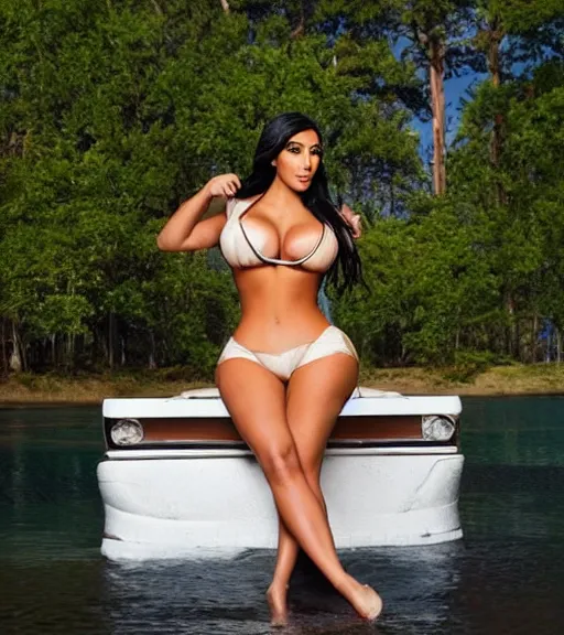 Prompt: professional photo of kim kardashian wearing a hooters uniform, laying by a lake, intricate, elegant, highly detailed, smooth, sharp focus.