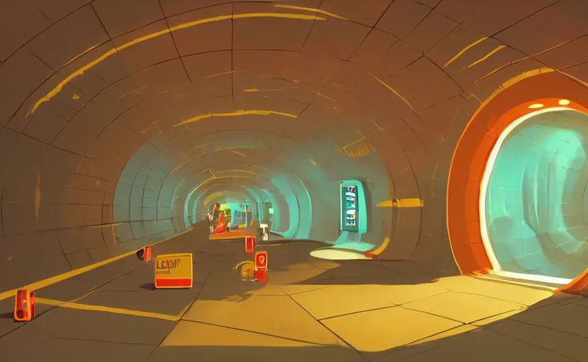 Prompt: underground metro service tunnel, james gilleard, print, game art