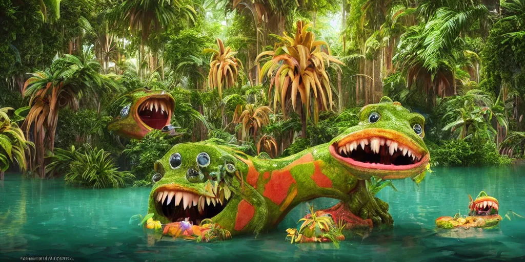 Image similar to of a tropical rainforest lake with strange cute friendly happy creatures with huge eyes, mouth, long tongue, round teeth and goofy face, appearing from the water, in the style of gehry and gaudi, macro lens, shallow depth of field, ultra detailed, digital painting, trending artstation, concept art, illustration, cinematic lighting, photorealism, epic, octane render