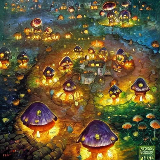 Image similar to forest village with mushroom houses, glowing fungi, art by james christensen, rob gonsalves, paul lehr, leonid afremov and tim white