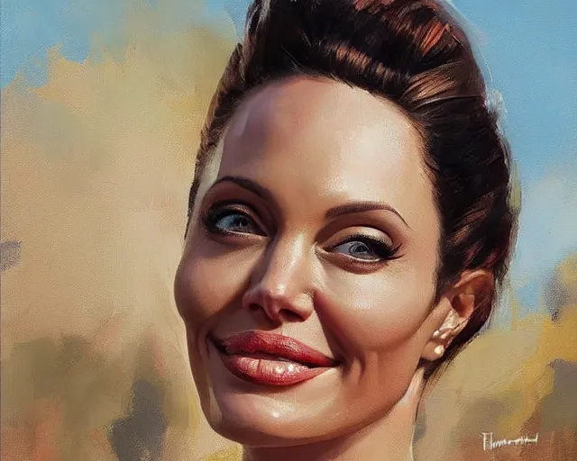 Image similar to greg manchess portrait painting of smiling angelina jolie as beautiful thick female bodybuilder zarya from overwatch, medium shot, asymmetrical, profile picture, organic painting, sunny day, matte painting, bold shapes, hard edges, street art, trending on artstation, by huang guangjian and gil elvgren and sachin teng