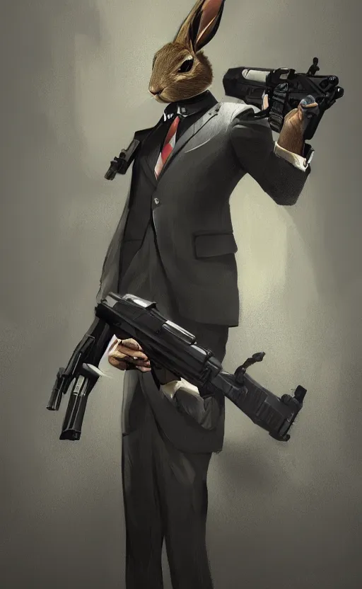 Image similar to a jackrabbit as a hitman, suit and tie, with silenced gun, dynamic lighting, fantasy concept art, trending on art station, stunning visuals, creative, cinematic, ultra detailed