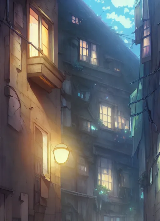 Image similar to 2 face - to - face window above a narrow street. illustration concept art anime key visual trending pixiv fanbox by wlop and greg rutkowski and makoto shinkai and studio ghibli