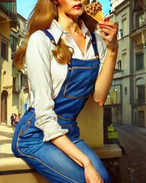 Prompt: a blonde fuller figured barbara bach from the bond film wearing blue dungarees and eating ice creams in porto, real life skin, intricate, elegant, highly detailed, artstation, concept art, smooth, sharp focus, art by artgerm and greg rutkowski and alphonse mucha