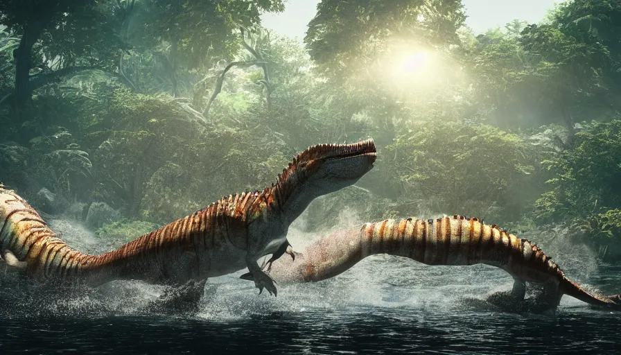 Prompt: hyper realistic highly detailed nature photography of a spinosaurus, prehistoric planet, volumetric lighting, octane render, 4 k resolution, golden hour