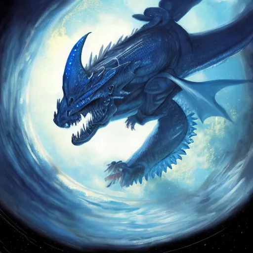 Prompt: Gigantic blue scaled dragon devouring an earth like planet while flying in space, sun system, behemoth, lizard, crocodile, drawing, by Greg Rutkowski