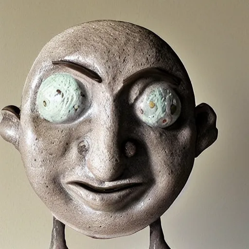 Prompt: anthropomorphic moon sculpture, man in the moon, ceramic, smiling moon, photograph, fine art, glazed ceramic, kitsch,