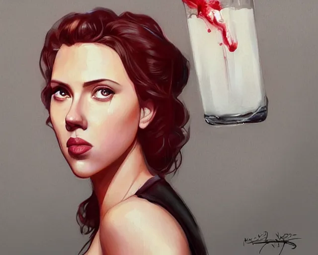 Image similar to portrait of scarlett johansson drinking water in team fortress 2 style, detailed face, dark fantasy art, fantasy, pretty, hd shot, digital portrait, beautiful, artstation, comic style, by artgerm, guy denning, jakub rozalski, magali villeneuve, neoartcore and charlie bowater