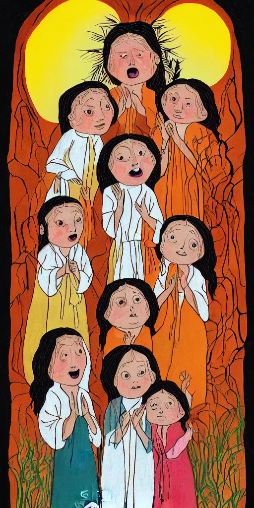 Prompt: small impish joyful creature in white robe with glowing eyes and sun ray flame hair holding lit matches and singing, three sisters visiting, The Queen in the Cave Children's book illustration, traditional folk art style, gouache on paper, outsider art, David Palladini, Mu Pan, Carson Ellis, Julia Sarda