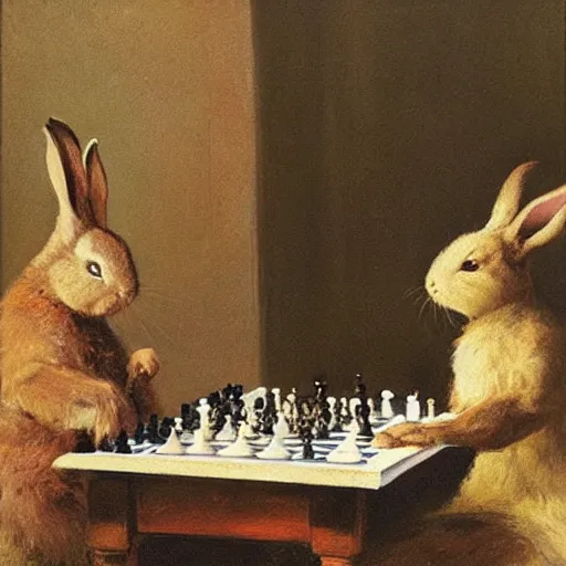 Prompt: two rabbits playing chess in the style of ilya repin