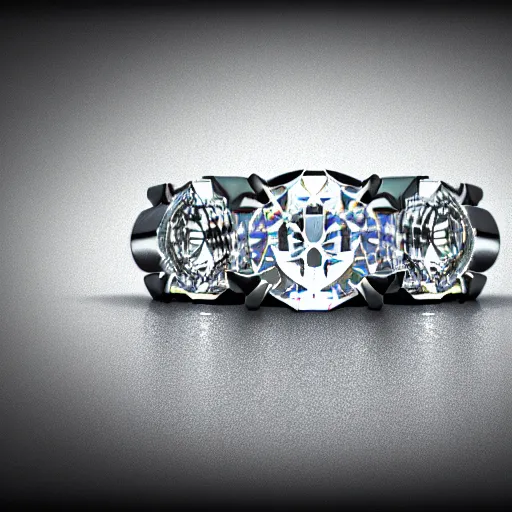 Image similar to photo of a wedding ring with two diamonds outside and one in the middle, photo realistic, hyper detailed, concept art