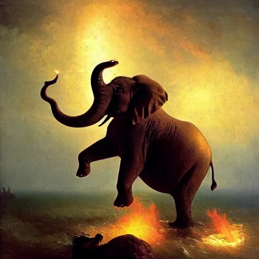 Prompt: giant gold-clad elephant in ferocious battle against a flying fire breathing seal, dark, oil painting, Ivan Aivazovsky