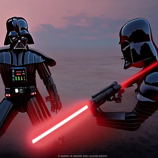 Image similar to darth vader wielding his light saber against robocop who is pointing a gun at him, against a barren landscape at sunset, warm, fine detail, epic composition, unreal engine.