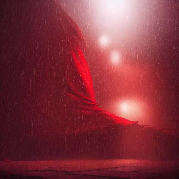 Image similar to a person enveloped in red silk cloth that blows in the wind stands in a dytopian highly detailed city at night, with volumetric lights in the distance and heavy rain falling. atmospheric light, rendering, octane, redshift, artstation