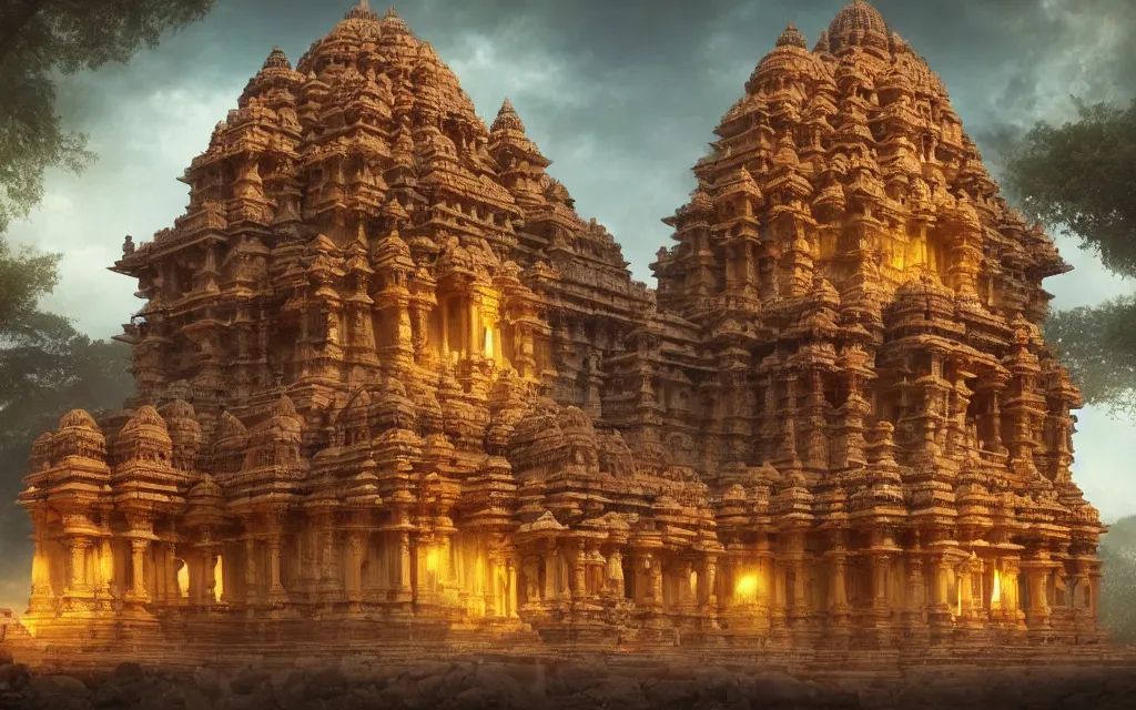 Image similar to High Fantasy solitary Hindu temple typical of the Hampi style ! on a plain near a river, colorful sculptural motifs Intricate, detailed , artistic , volumetric lights warm. Joyful matte painting by Darek Zabrocki and Emmanuel Shiu, 4k ultra detailed, great composition cinematic.