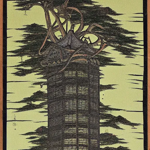 Prompt: The abandoned wizard\'s tower in the overgrown garden. Japanese manuscrript painting.