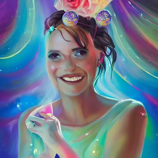 Image similar to a an ultra happy bridesmaid, majestic, disco balls, 8k resolution vivid painting trending on artstation Pill my face, still life A supersonic highway of light that allows you to drive