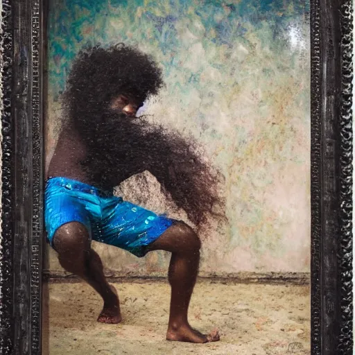 Image similar to black man with curly hair dancing inside a equipped photography studio by himself, intricate details, happy, impressionist painting, figurative painting