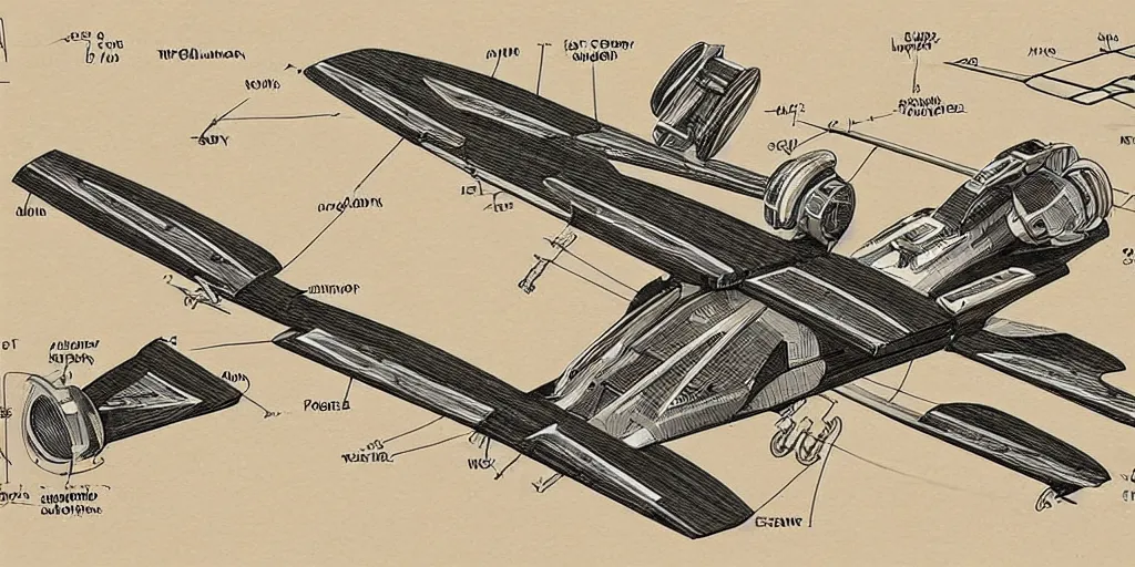Prompt: highly detailed schematic, technical drawing, hover racer, pod racer