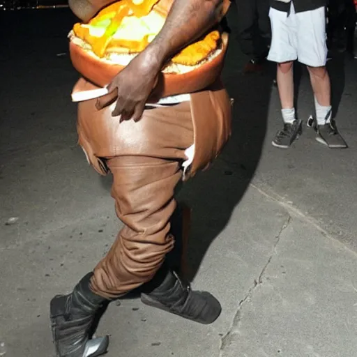 Image similar to kanye west sitting on a giant cheeseburger