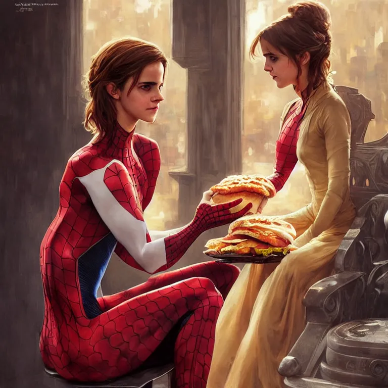 Image similar to emma watson in a spiderman suit sitting on the iron throne, eating a hamburger, gentle expression, elegant clothing, photorealistic, highly detailed, artstation, smooth, sharp focus, art by michael whelan, artgerm, greg rutkowski and alphonse mucha