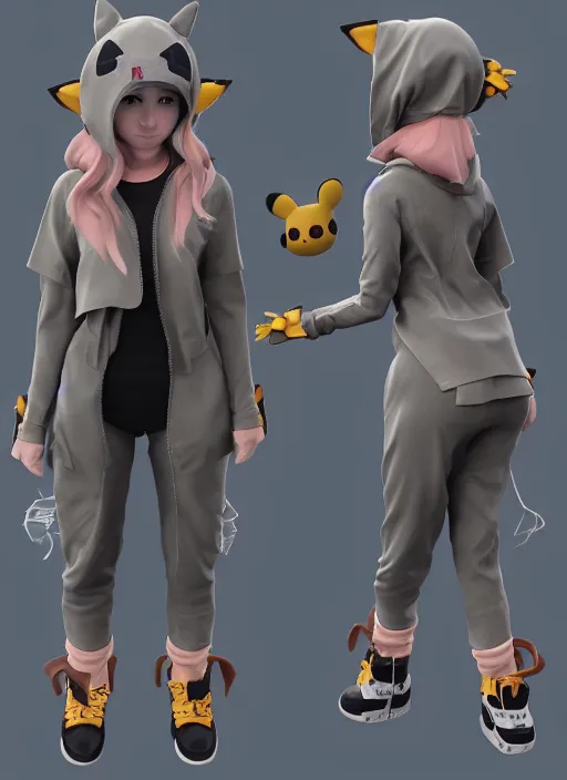 Image similar to vrchat, secondlife, imvu, 3 d model of a girl in a pikachu hoodie, hq render, detailed textures, artstationhd, booth. pm, highly detailed attributes and atmosphere, dim volumetric cinematic lighting, hd, unity unreal engine