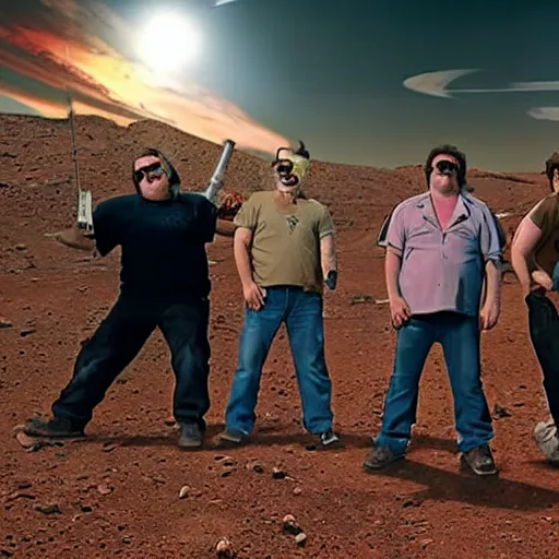 Prompt: The Trailer Park Boys on Mars, found footage, film grain