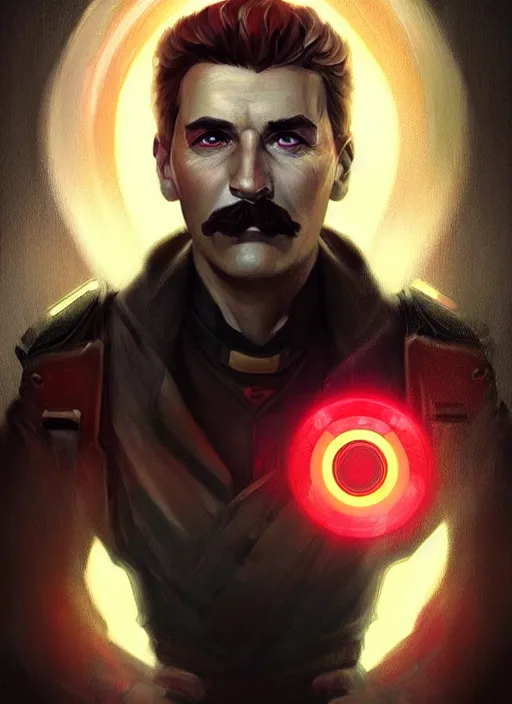 Image similar to « a portrait o cyberpunk joseph stalin, glowing eyes, a digital painting by charlie bowater, featured on cgsociety, fantasy art, behance hd, wiccan, artstation hd »