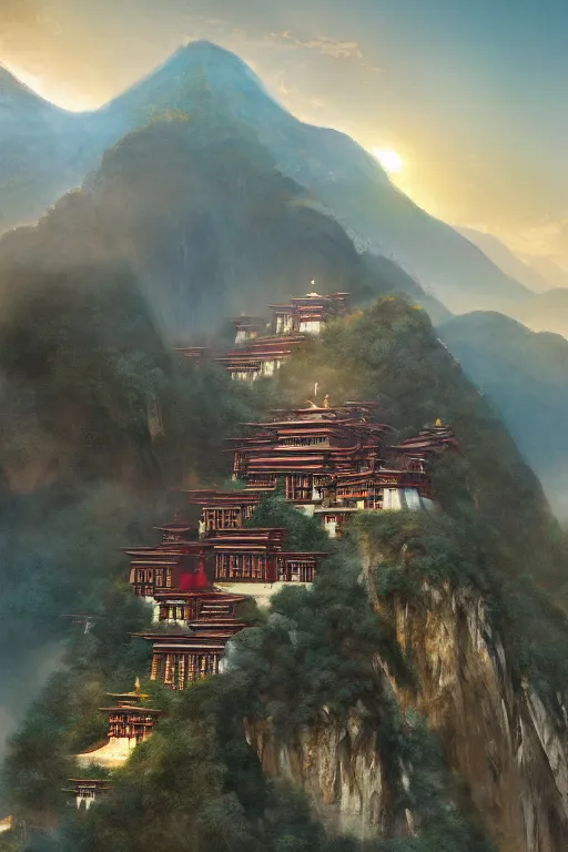 Image similar to Shangri-la at dawn, a Tibetan monastery at the edge of the cliff, powerfull, intricate, elegant, volumetric lighting, digital painting, highly detailed, artstation, sharp focus, illustration, concept art, ruan jia, steve mccurry