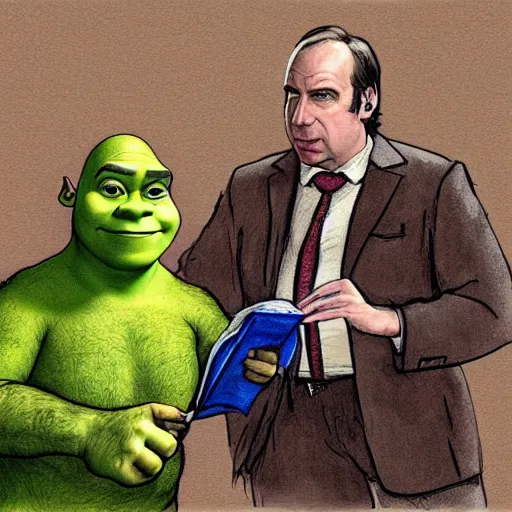 Image similar to Shrek being defended in court by Saul Goodman, detailed hyperrealistic photograph