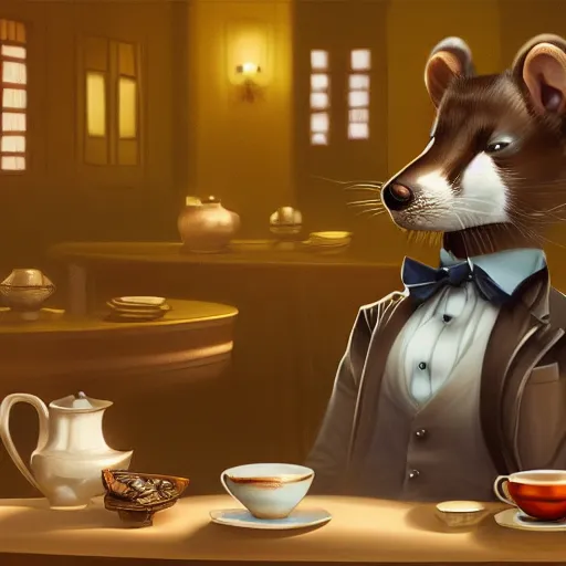 Prompt: a weasel in a suit was drinking tea, surrounded by tea houses ambient lighting, 4 k, russ mill, artstation