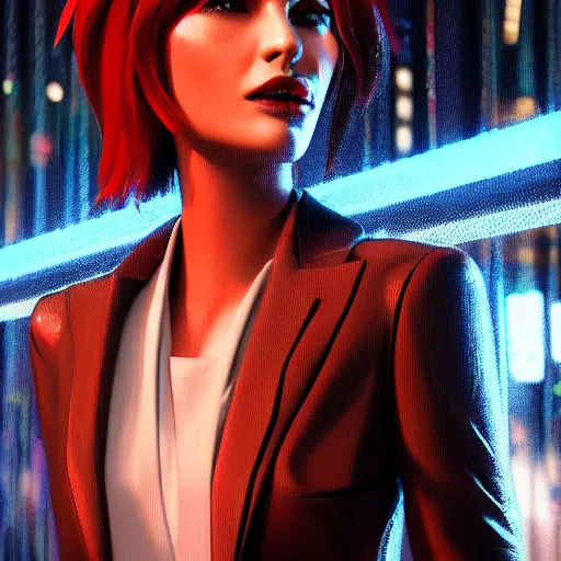 Prompt: epic cartoon women portrait made out of rain, pinstripe suit, short hair, cyberpunk background, rendered in octane, unreal engine, highly detailed, trending on artstation, realistic, splashes of neon, beautiful