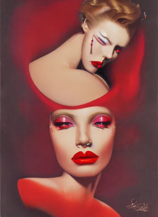 Image similar to an 8 0 s portrait of a woman with dark eye - shadow and red lips with dark slicked back hair dreaming acid - fueled hallucinations by serge lutens, rolf armstrong, delphin enjolras, peter elson