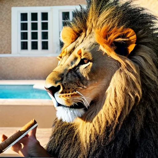 Image similar to a very detailed photo of a lion ( smoking a cigar ) outside the mansion by the pool