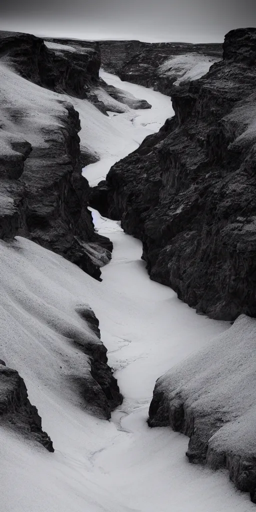 Image similar to dream looking through a hyper realistic photograph of a ice covered canyon, minimal structure, futureistm landscape, misty, icelandic valley, small stream over black rock, timed exposure, in the style of reuben wu, roger deakins