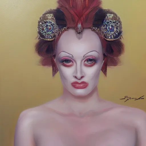 Image similar to a symmetrical portrait of a showgirl, oil painting, pale colors, high detail, 8 k, wide angle, trending on artstation,