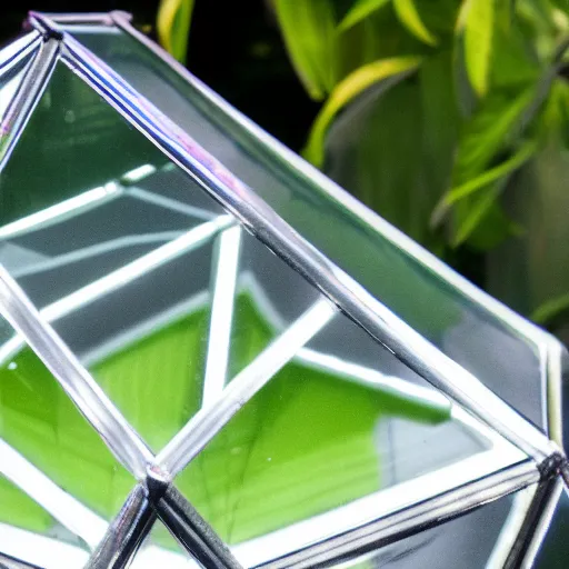 Image similar to high quality dslr photograph of a highly reflective chrome octahedron in a tropical greenhouse. super resolution. Extremely detailed