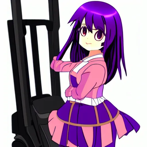 Image similar to a person cosplaying homura akemi operating a forklift