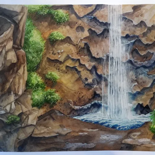 Prompt: water color on paper, elemental waterfall exhibiting all elements, highly detailed, artstation, masterpiece, award - winning,