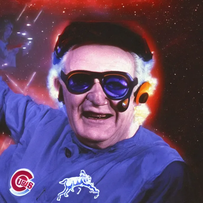 Image similar to a sci - fi hologram of chicago cubs announcer harry caray in space, universe, lasers, galaxy, cyberpunk