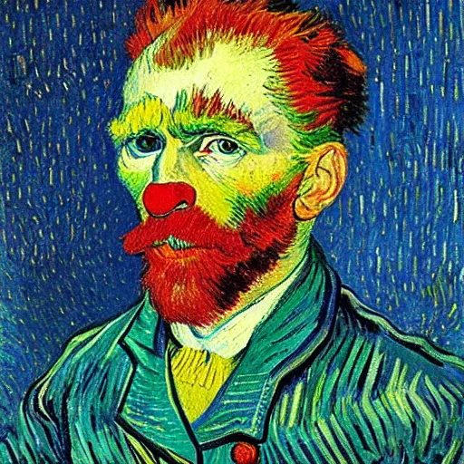 Image similar to communist clown portrait, van gogh