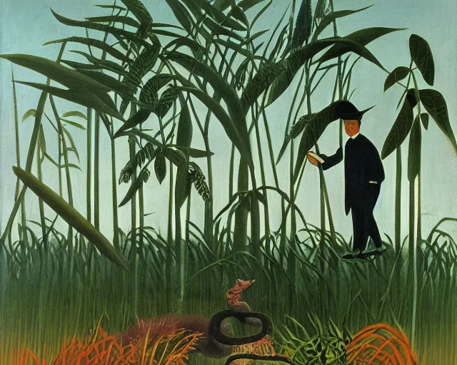 Image similar to snake oil researcher digging through the swamps of Formosa, painting by Henri Rousseau