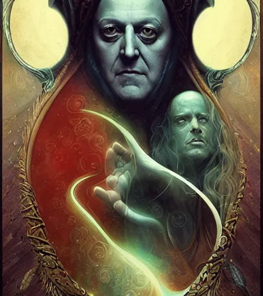 Prompt: A Magical Portrait of Aleister Crowley and the Great Mage of Thelema, art by Tom Bagshaw and Manuel Sanjulian