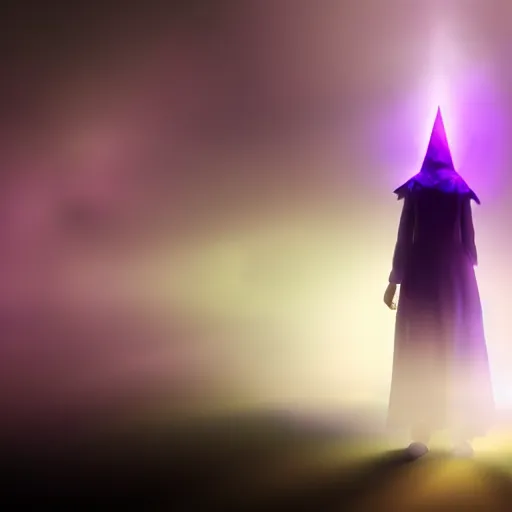 Image similar to luminescent purple wizard, female, dark background, volumetric fog, 4K