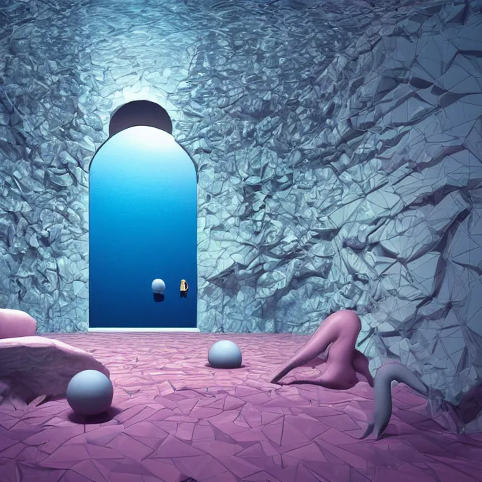 Image similar to hyperrealistic geometric objects in a surreal minimalistic 8 0's dreamscape environment by salvador dali, enormous emoji, highly detailed, 3 d render, octane, beautiful lighting, photorealistic, intricate, elegant, wayne barlowe, water, mirrors, pink doorway, beautiful, masterpiece, trending on artstation, palm tree