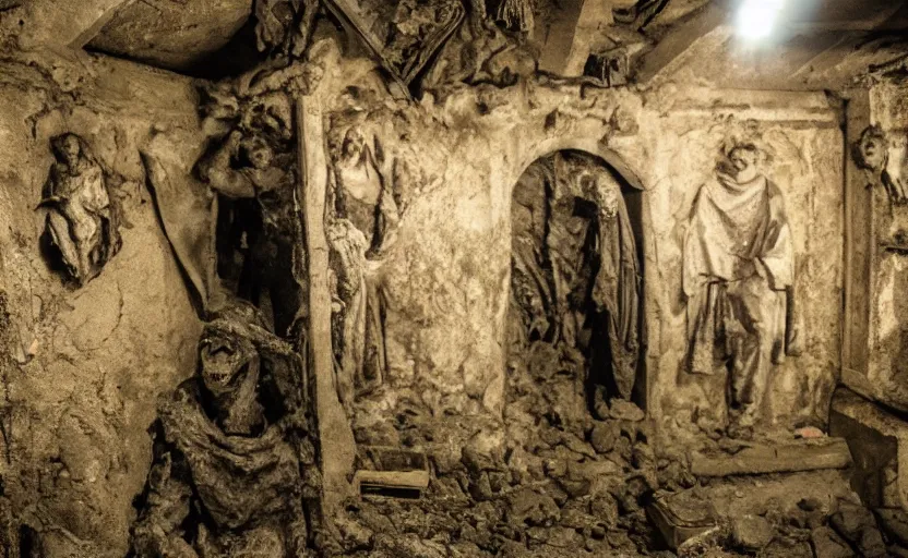 Prompt: several decrepit creepy statues of the archangel gabriel smirking at the camera, placed throughout a dark claustrophobic old catacomb, realistic, underexposed photography, bad camera footage, wide shot, sinister, dark, foreboding, grainy photo