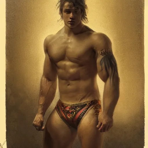 Image similar to handsome portrait of a wrestler guy bodybuilder posing, war hero, wearing singlet, intricate tattoos, radiant light, caustics, by gaston bussiere, bayard wu, greg rutkowski, giger, maxim verehin