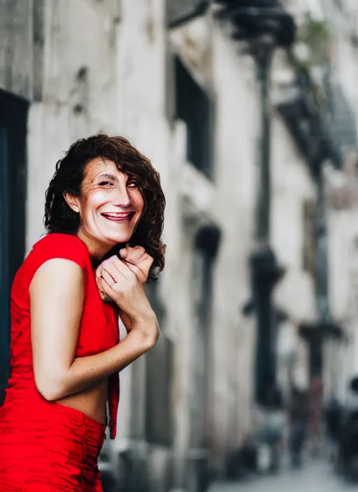 Prompt: color portrait of a beautiful 35-year-old smiling Italian woman, wearing a red outfit, candid street portrait in the style of annie leibovitz close up, detailed, award winning, Sony a7R