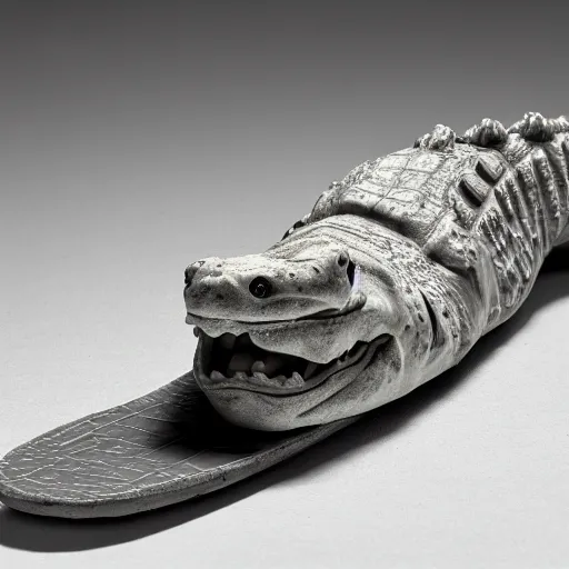 Prompt: rough plaster sculpture of an alligator on a skateboard, high resolution photograph, strong directional light, strange atmosphere